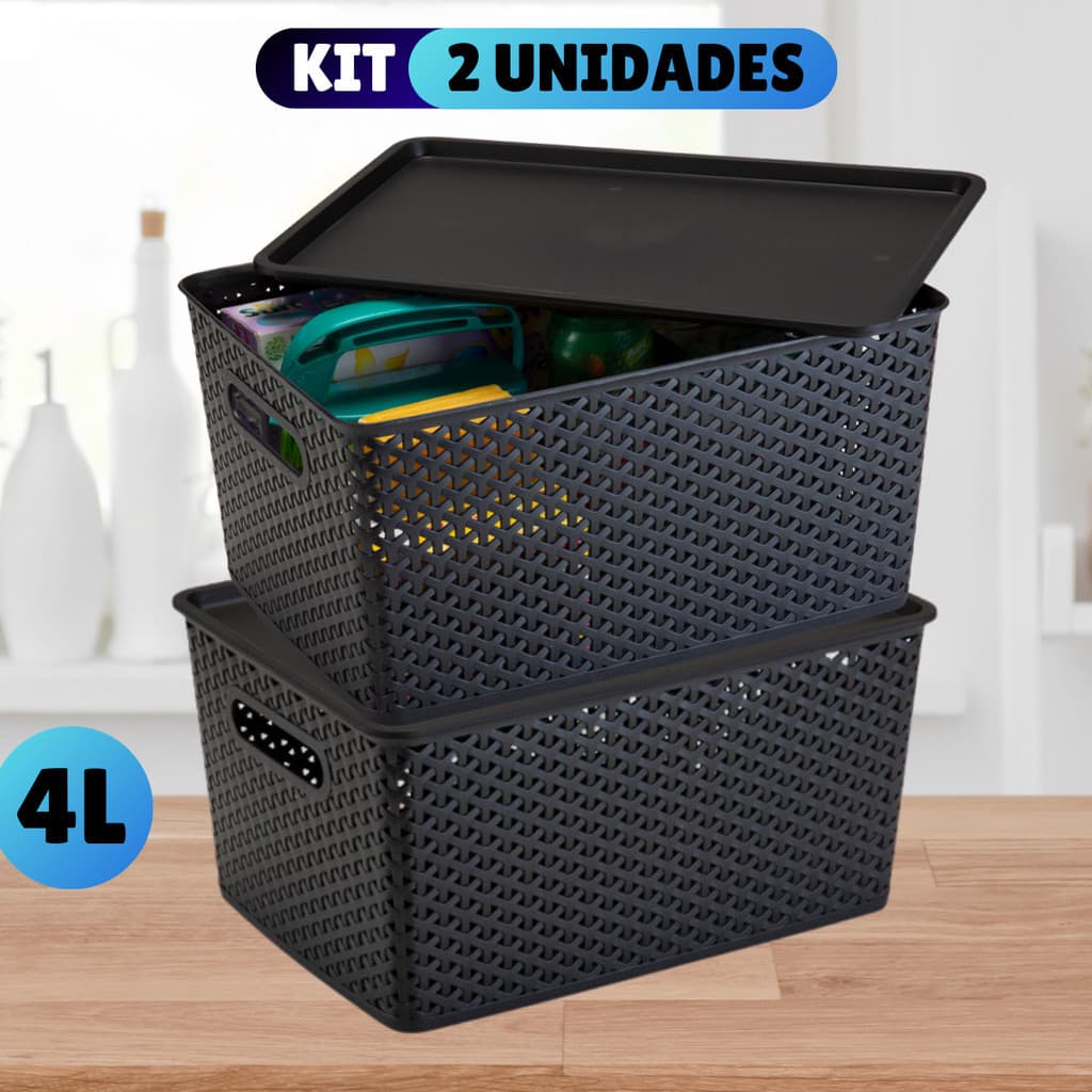 Kit Com 2 Cesto Caixa Organizadora Rattan Com Tampa 4 Litros Preto