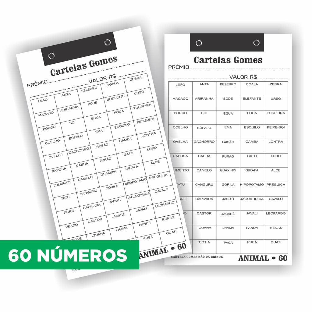 10 Cartelas de rifas c/ 60 NUMEROS