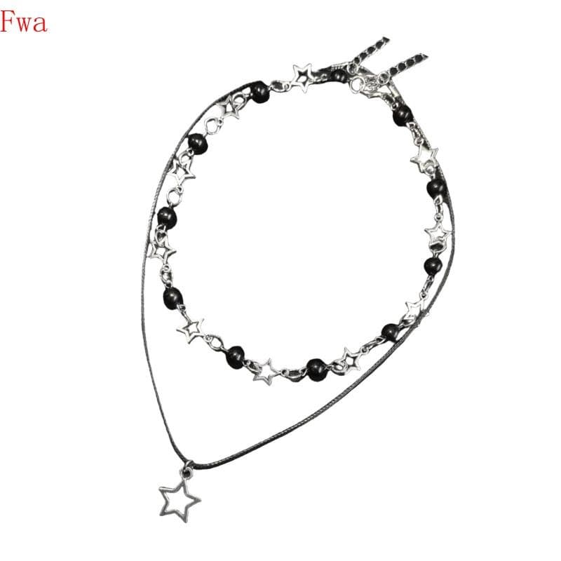 Fwa Trendseting Colar Pingente Estrela Contas Pretas , Corda Couro PU , Gargantilha Comprimento Ajustável P