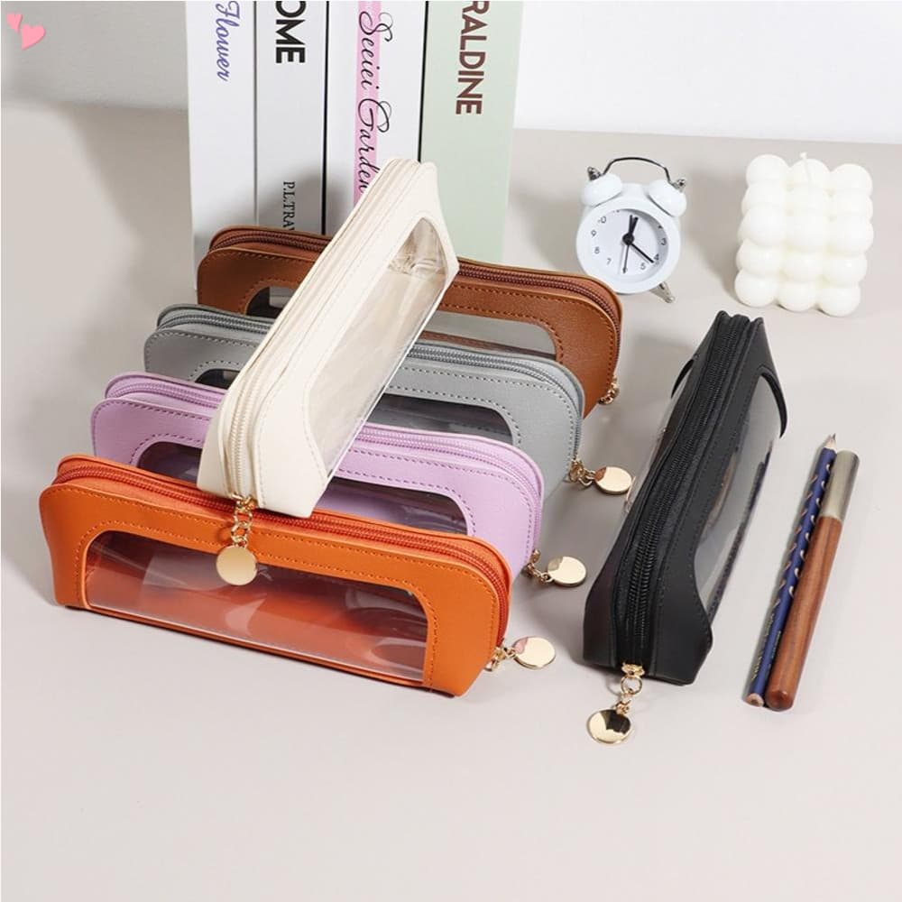 Estojo De Couro PU Com Janela Visível Em PVC , Papelaria Para Estudantes , Grande Capacidade , Porta-Canetas De