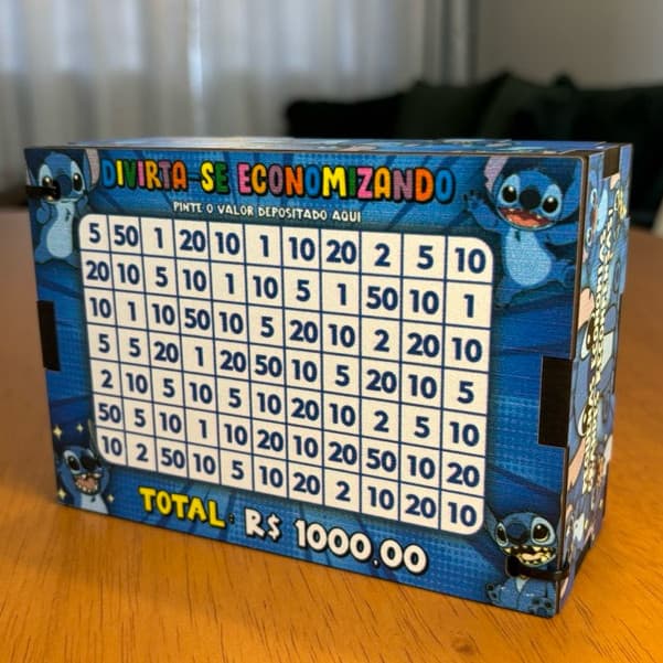Cofrinho Desafio de Mil Reais MDF Homem-Aranha e Stitch | Educativo e Reutilizável - ENVIO IMEDIATO