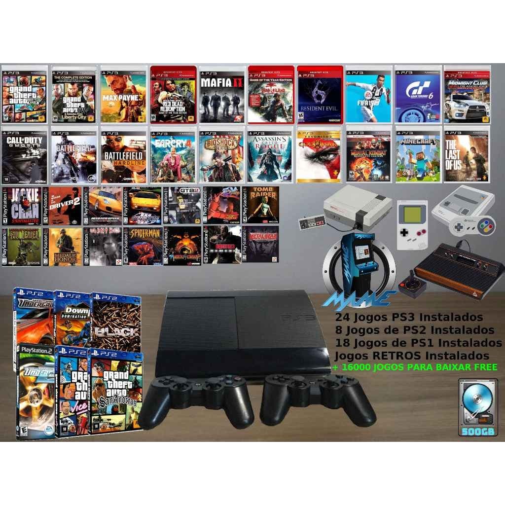 Playstation 3 Ps3 slim e super slim 2 Controles + 50 jogos + 16000 jogos + ps1 e ps2 + retro