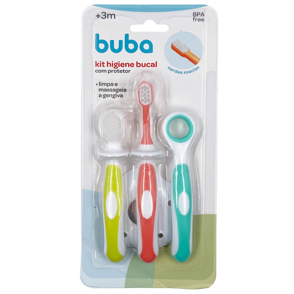 Kit Higiene Bucal Buba Com Protetor 3 Peças Com Escova De Dente e Massageador de Gengiva
