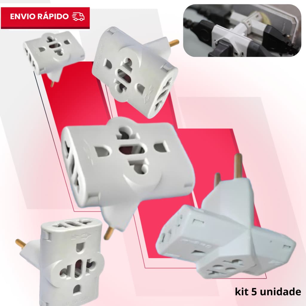 Adaptador de Tomada Benjamin 10A Pino Maciço T Resistente plug Tripolar universal 110/220v bivolt
