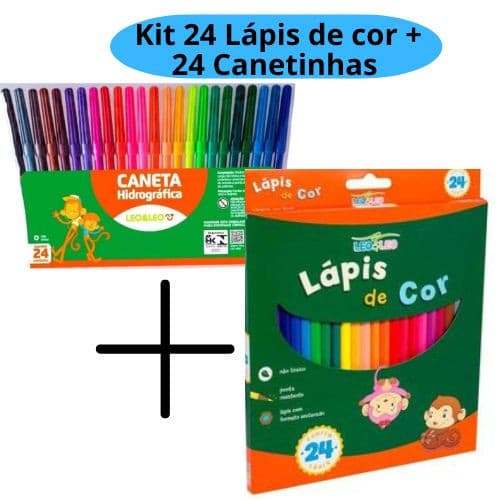 kit Lápis de Cor 24 cores e Caneta Hidrográfica 24 cores Canetinha  Leo e Leo