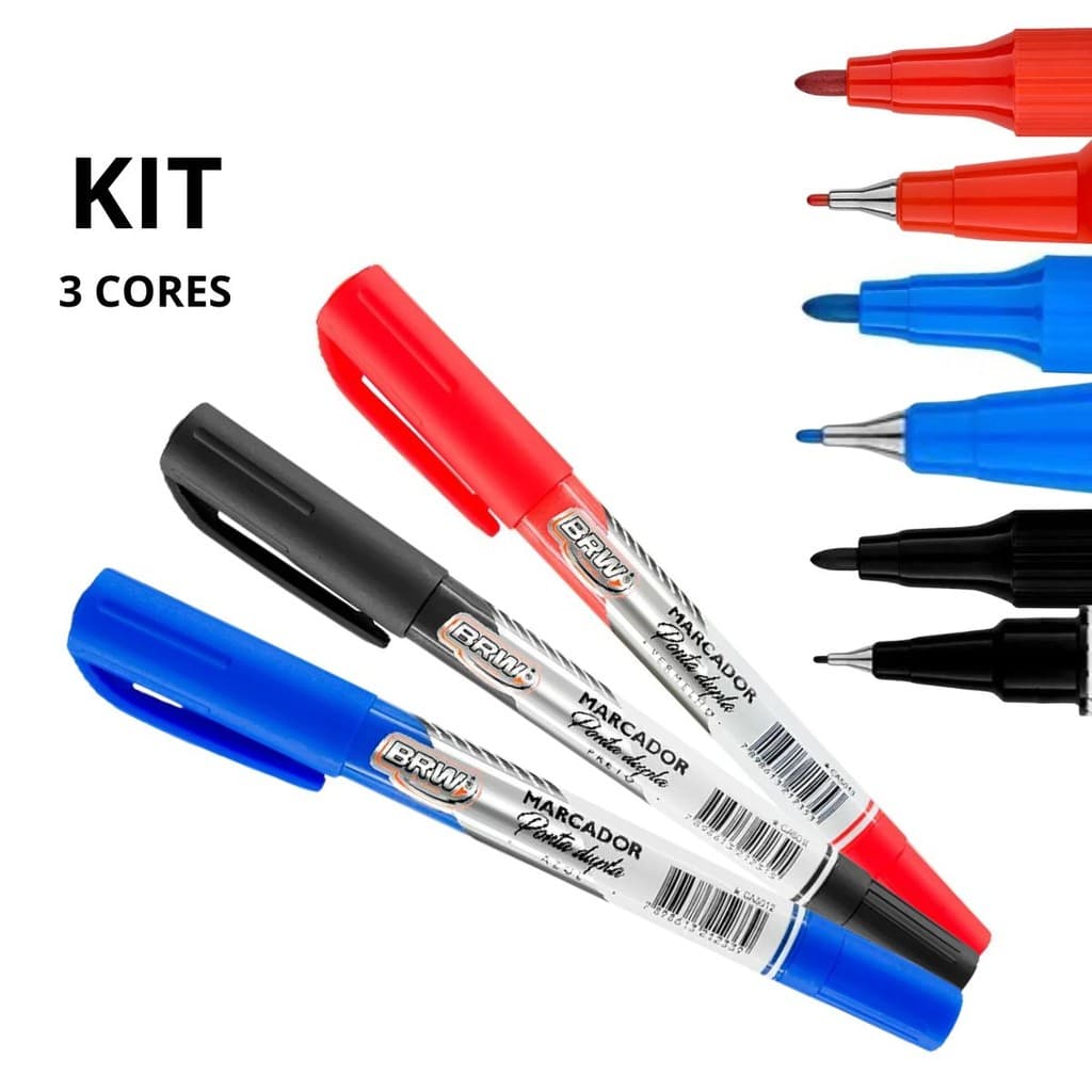 KIT 3 CANETA MARCADOR MULTIUSO CD/DVD RETROPROJETOR PONTA DUPLA PERMANENTE - BRW
