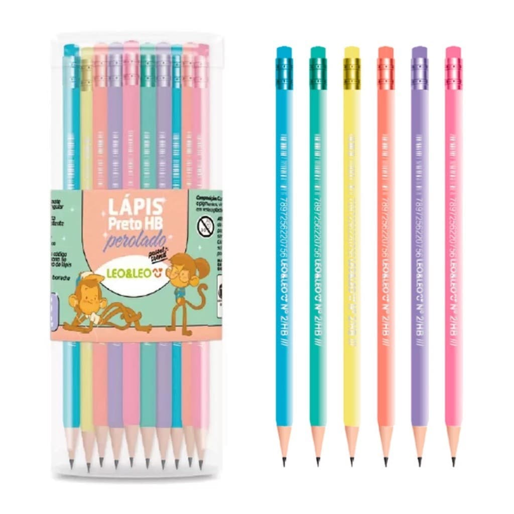 Lápis de Escrever Tom Pastel Perolado Kit com 6 Unidades Escolar HB com Borracha Leo&Leo
