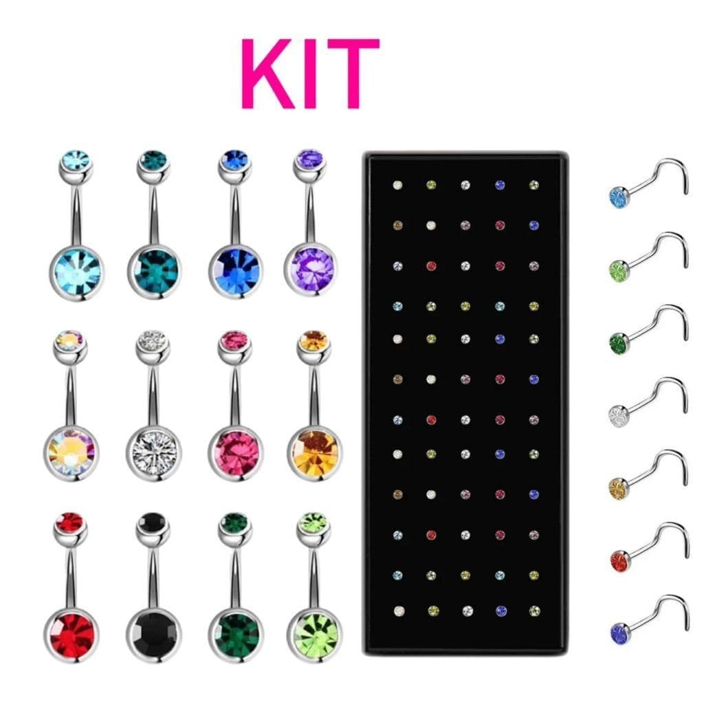 Kit com 52 Piercing de Nariz Curvado E Piercing Umbigo com 2 Pedras Zircônias