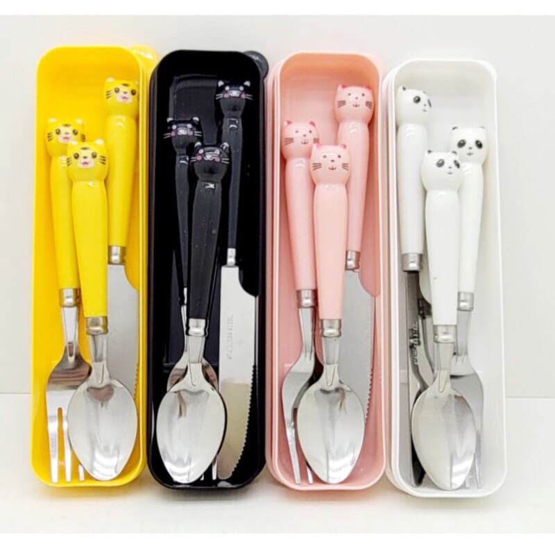 Talher Adulto kit 4pçs Bichos sortidos p/Viagem Portátil Durável Com Estojo  kit jogo de Colher Garfo Faca com 3 Peças