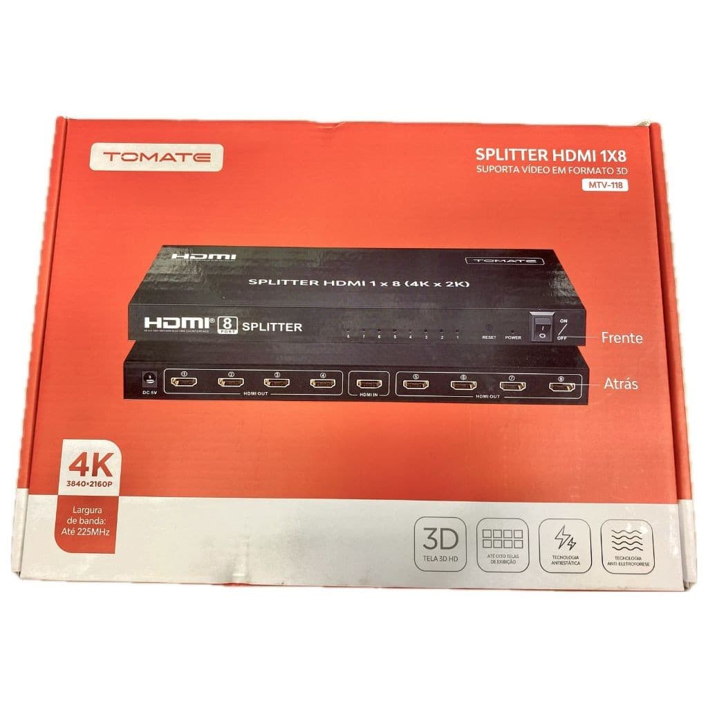 Splitter HDMI 1 em 8 saída 4K alta definição estável eficiente exibição em várias telas Tomate