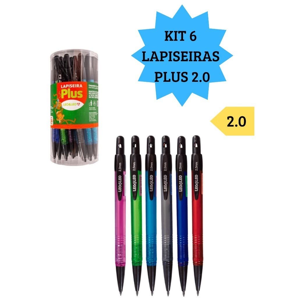 Kit 6 Lapiseiras 2.0 Plus Escolar Escritório Escrita Macia Diversas Cores Com Apontador Leo&Leo