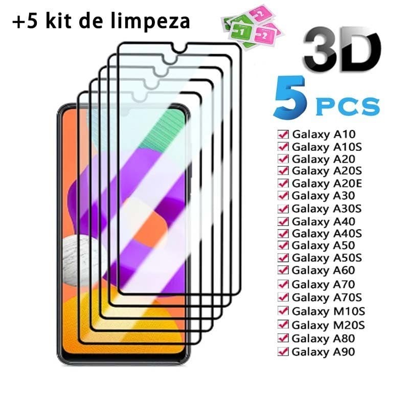Kit 5 Película De Vidro Temperado 3D 9H Para Samsung A01 A02 A03 A10 A31 A41 A51 A71 M