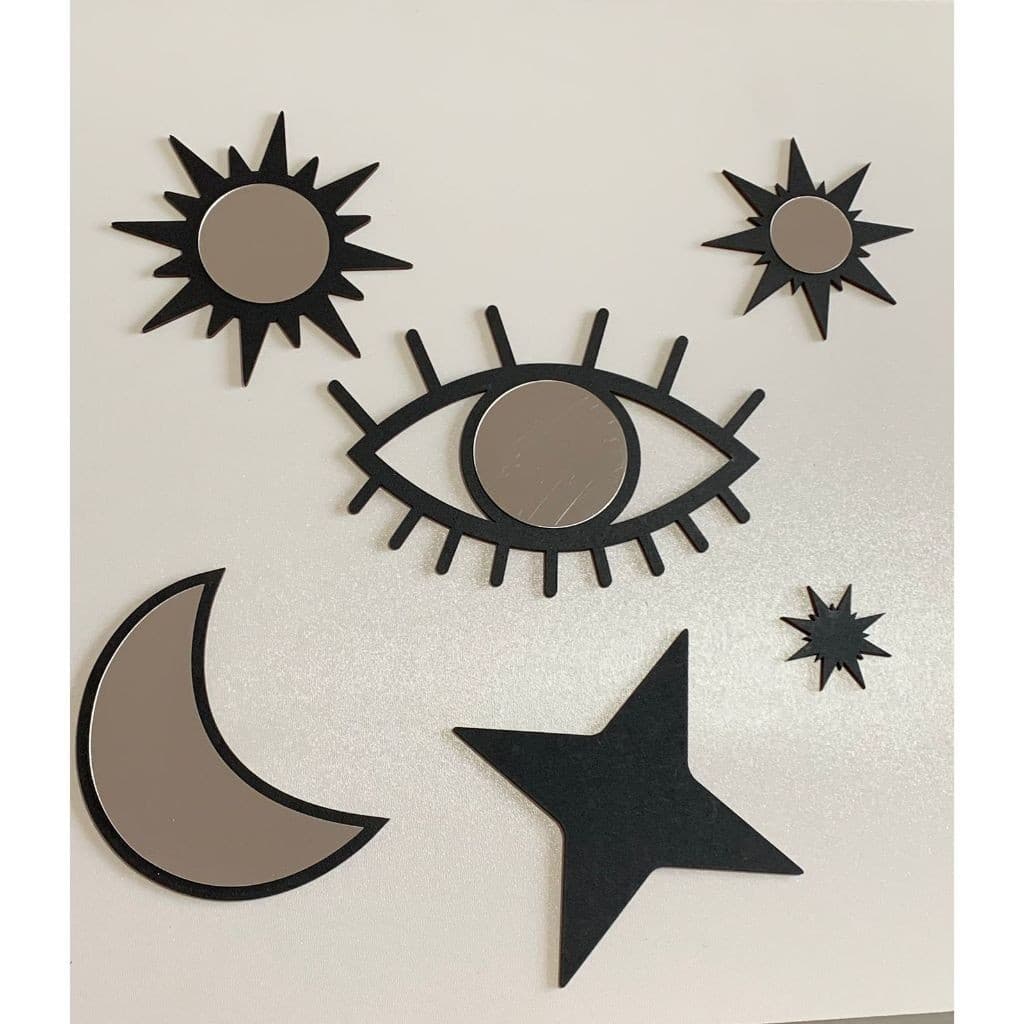 Lindo Conjunto com 6 Peças Espelho Acrílico Decorativo Místico Celestial com Moldura MDF