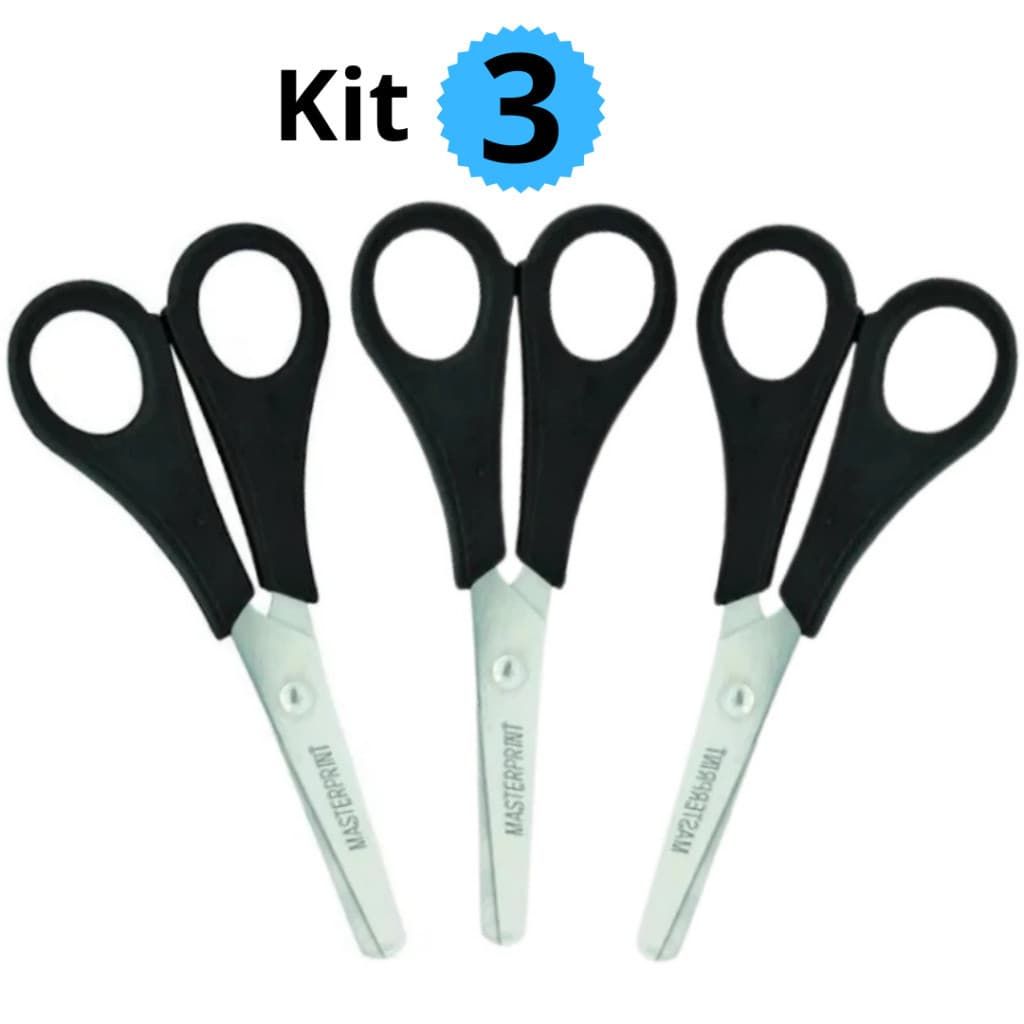 Kit 3 Tesouras Escolar 13cm Sem Ponta Infantil Cabo Preto Masterprint