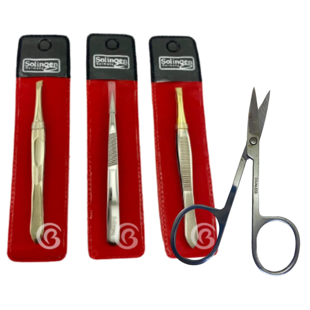 Kit 3 Pinças Solingen Profissional (Reta + Chanfrada + Ponta Agulha) + Tesourinha
