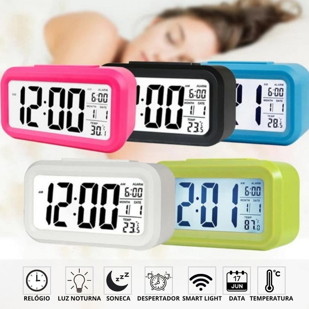 Relógio Digital Despertador Mesa Cabeceira Quarto Idoso Luz Noturna Modo Soneca Calendario Temperatura Snooze Inteligent