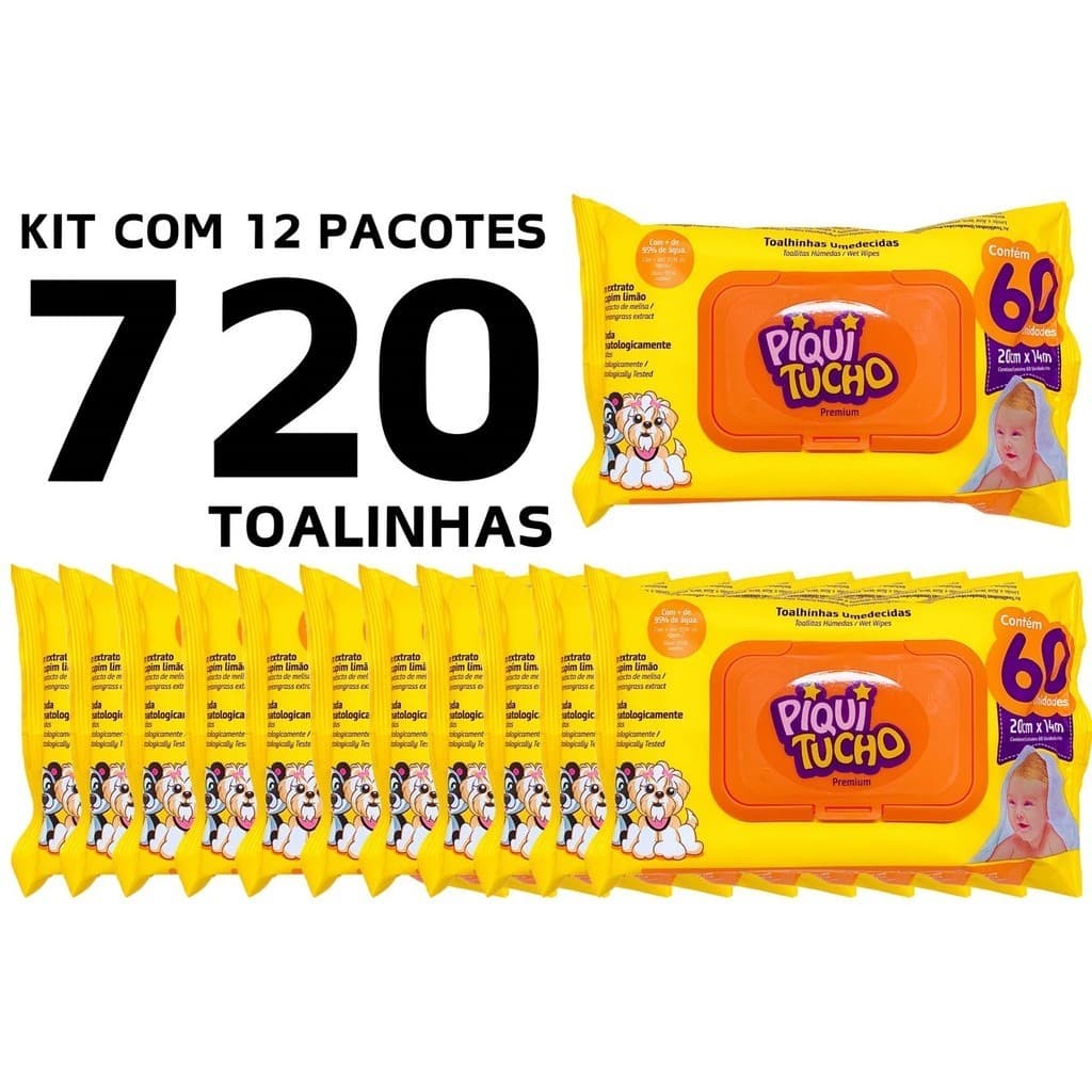 KIT COM 12 PACOTES DE LENÇO/TOALHAS UMEDECIDAS PARA BEBE PIQUITUCHO PREMIUM C/60 UNIDADES CADA