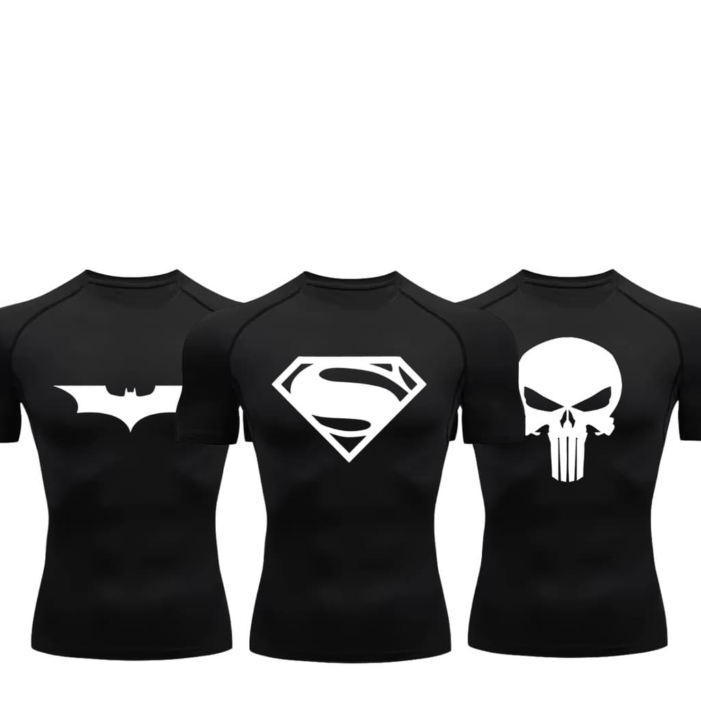 Kit 3 Camisetas Compressão Proteção Uv Estampada Tecido Gelado Segunda Pele Manga Curta Batman Super Homem Justiceiro