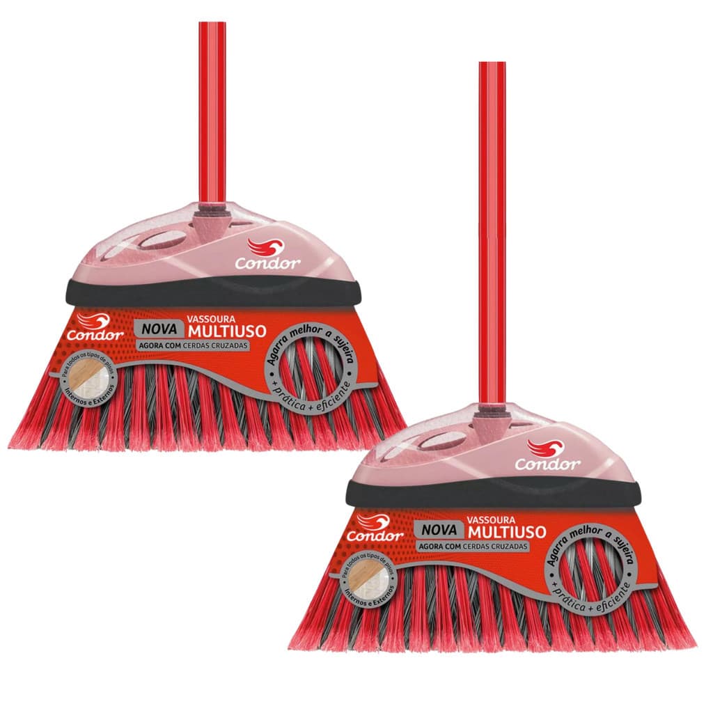 Kit 2 Vassoura Varre Fácil Com cabo Cerdas Cruzadas Varre Muito Area Externa e Interna Condor