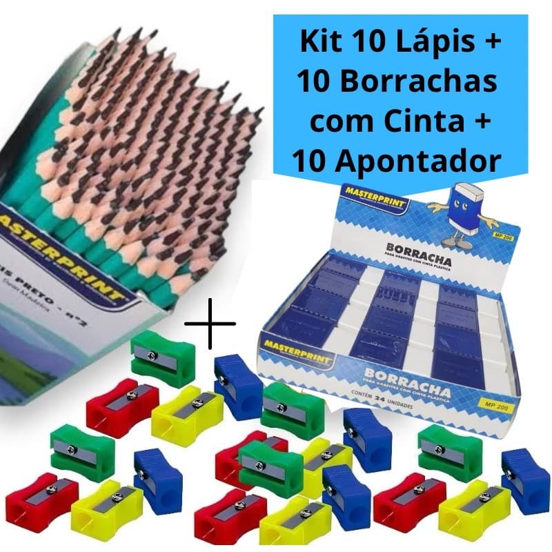 Kit 10 lápis de Escrever Nº2 Preto + 10 Borracha Branca Com Cinta + 10 Apontador simples Escolar Escola Estudo