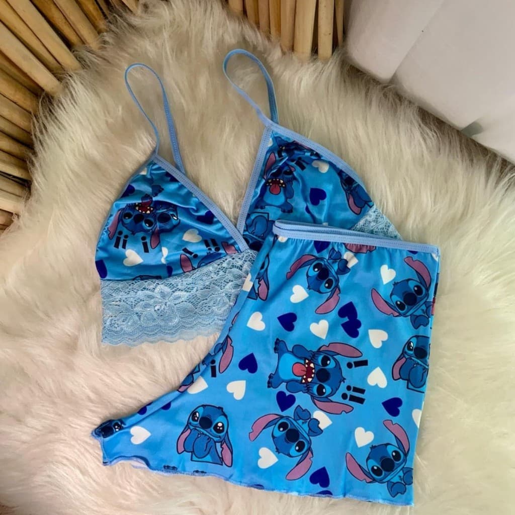 Pijama Estampado Personagens Bady Doll Suede Com Detalhe de Renda Roupa de Dormir Top Doll