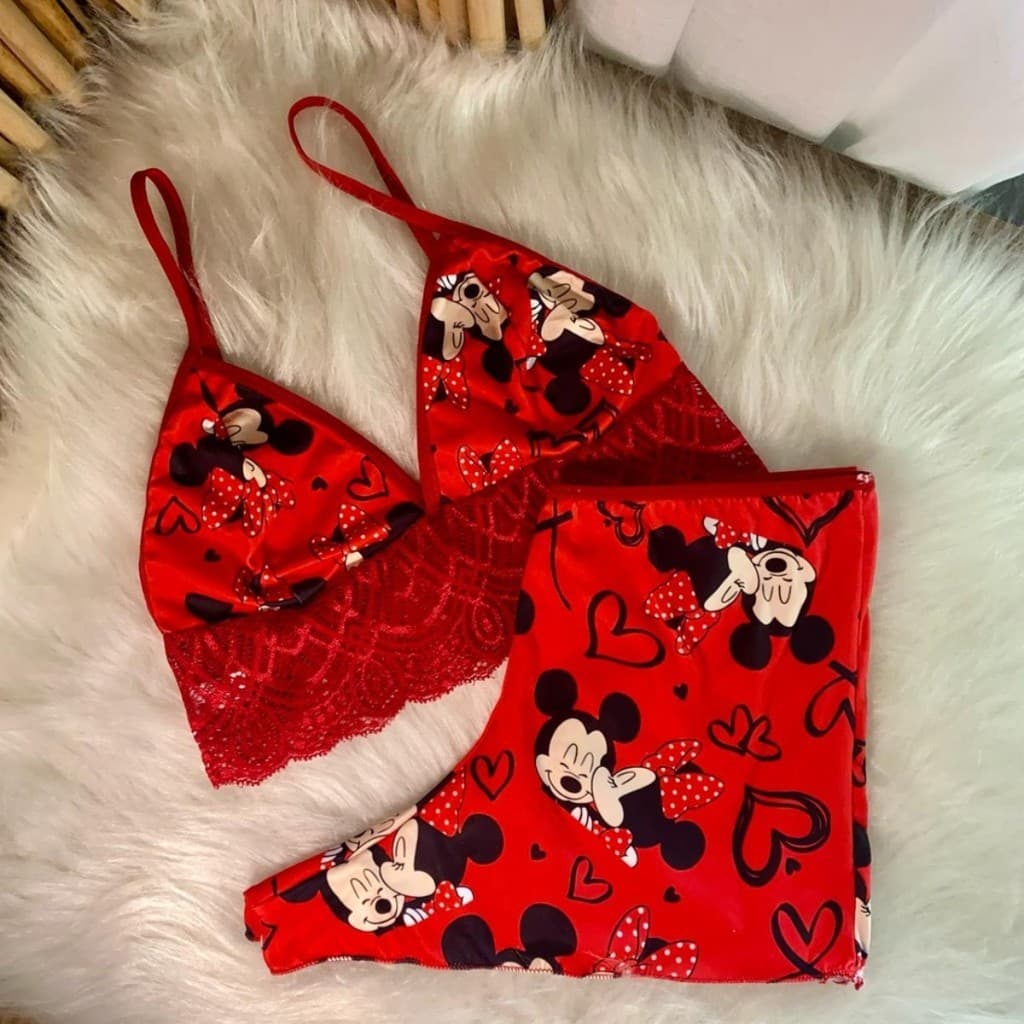 Bady Doll Pijama Personagens Estampado Suede Com Detalhe de Renda Roupa de Dormir Top Doll