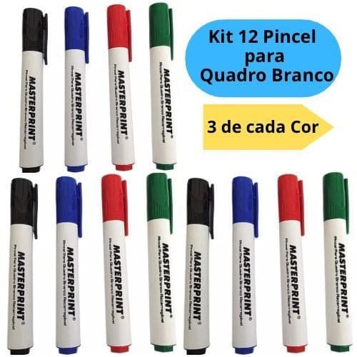 Kit 12 Pincel Quadro Branco Recarregável Nas Cores 3 Azul + 3 Vermelho + 3 Preto + 3 Verde Masteprint