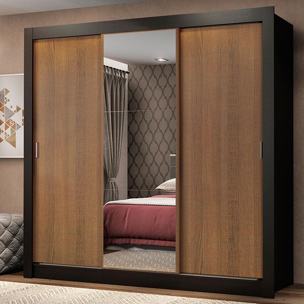 Guarda Roupa Casal 3 Portas de Correr com Espelho Preto/Rustic Madesa Mônaco