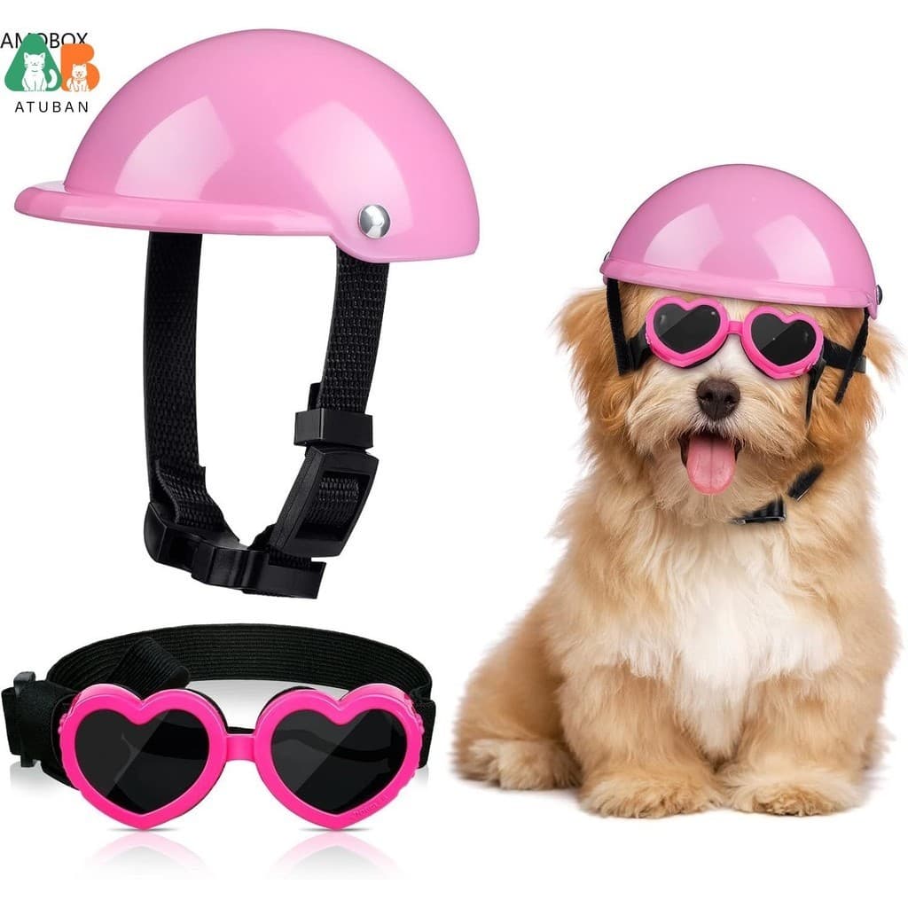 ATUBAN 2 Peças Capacete E Óculos De Proteção Para Cães Pequenos Cachorros UV PET Com Cinto Ajustável Motocicletas