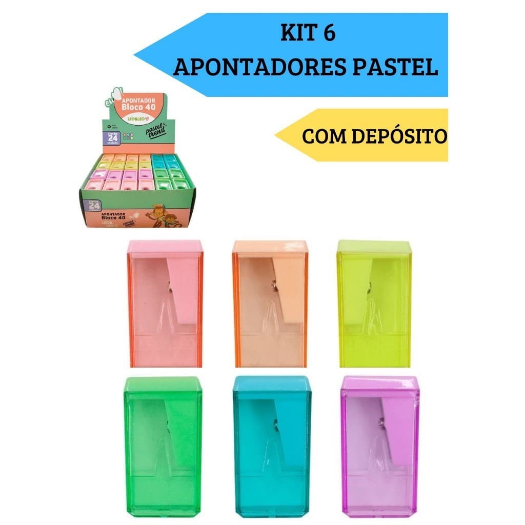 Kit 6 Apontadores Com Depósito Bloco 40  Pastel Trend Escolar Escritório Leo&Leo