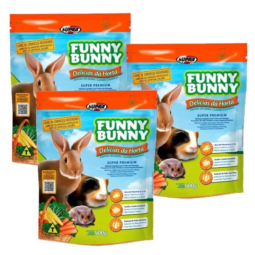 Kit 3 Rações coelho, hamsters e roedores Funny Bunny 500gr