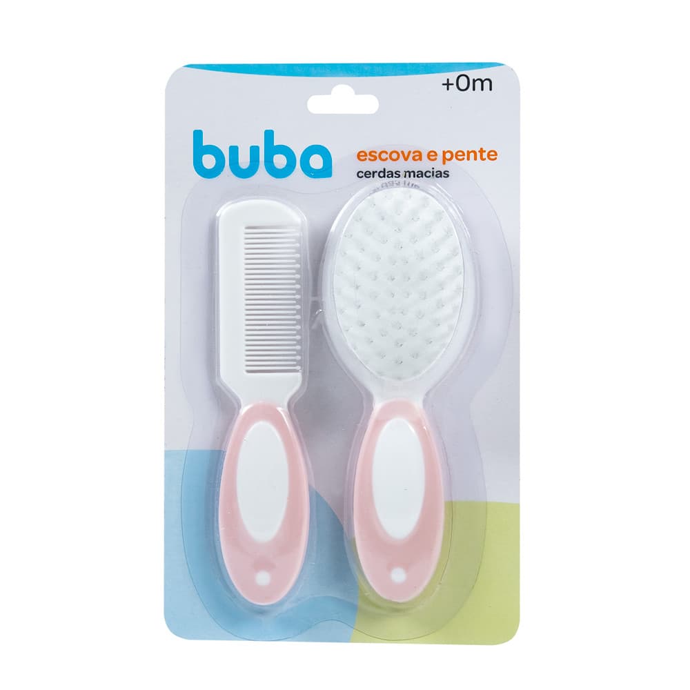 Escova E Pente Cerdas Macias Pontas Arredondadas Para Cabelo Bebe Infantil Kit Conjunto Rosa Buba
