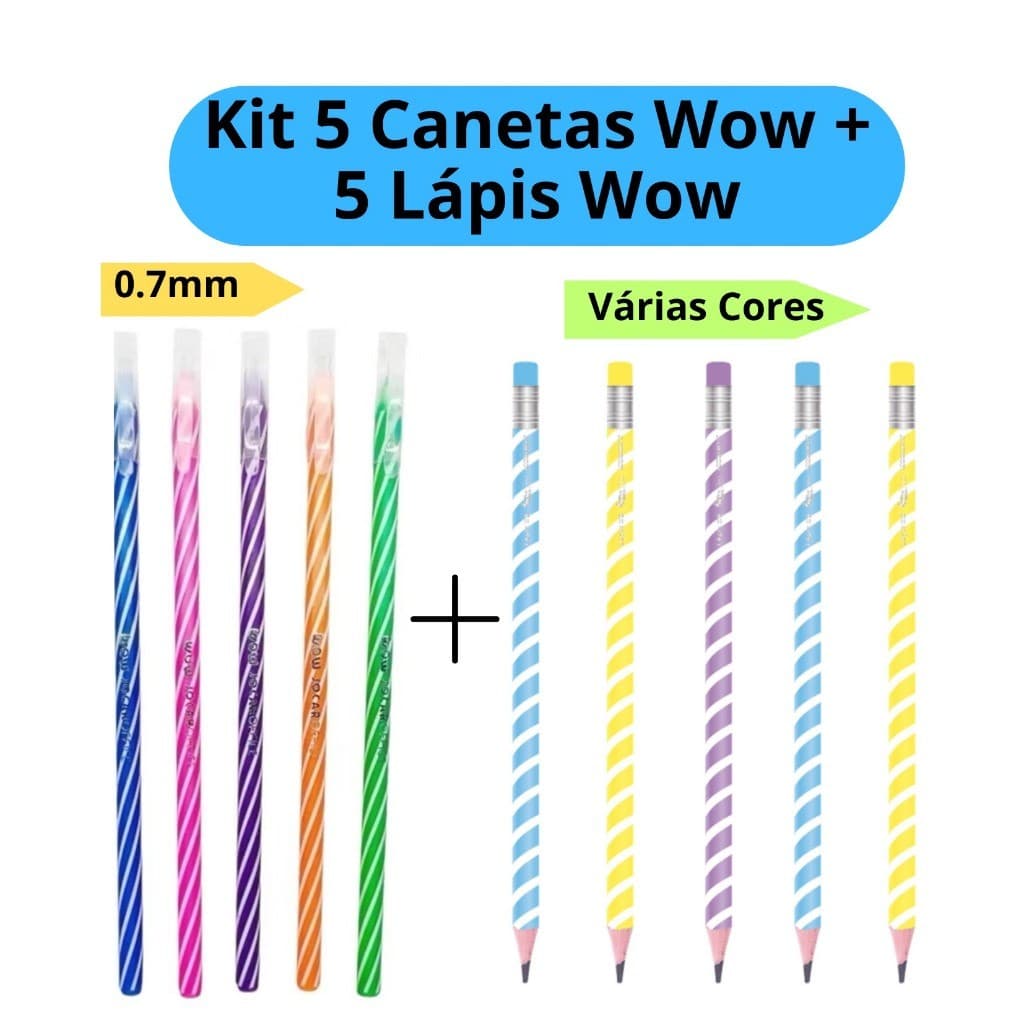 Kit 5 Canetas Wow Coloridas Fundo Branco + 5 Lápis de Escrever Wow Fun com Borracha Escolar -Leo&Leo