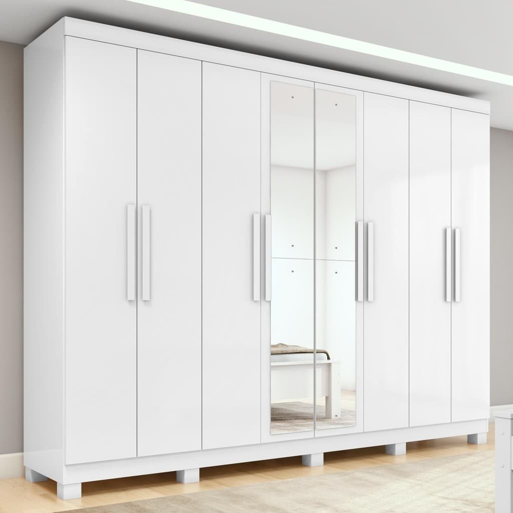 Guarda-roupa Casal Easy Slim 8 Portas Com Espelho e Pés Branco