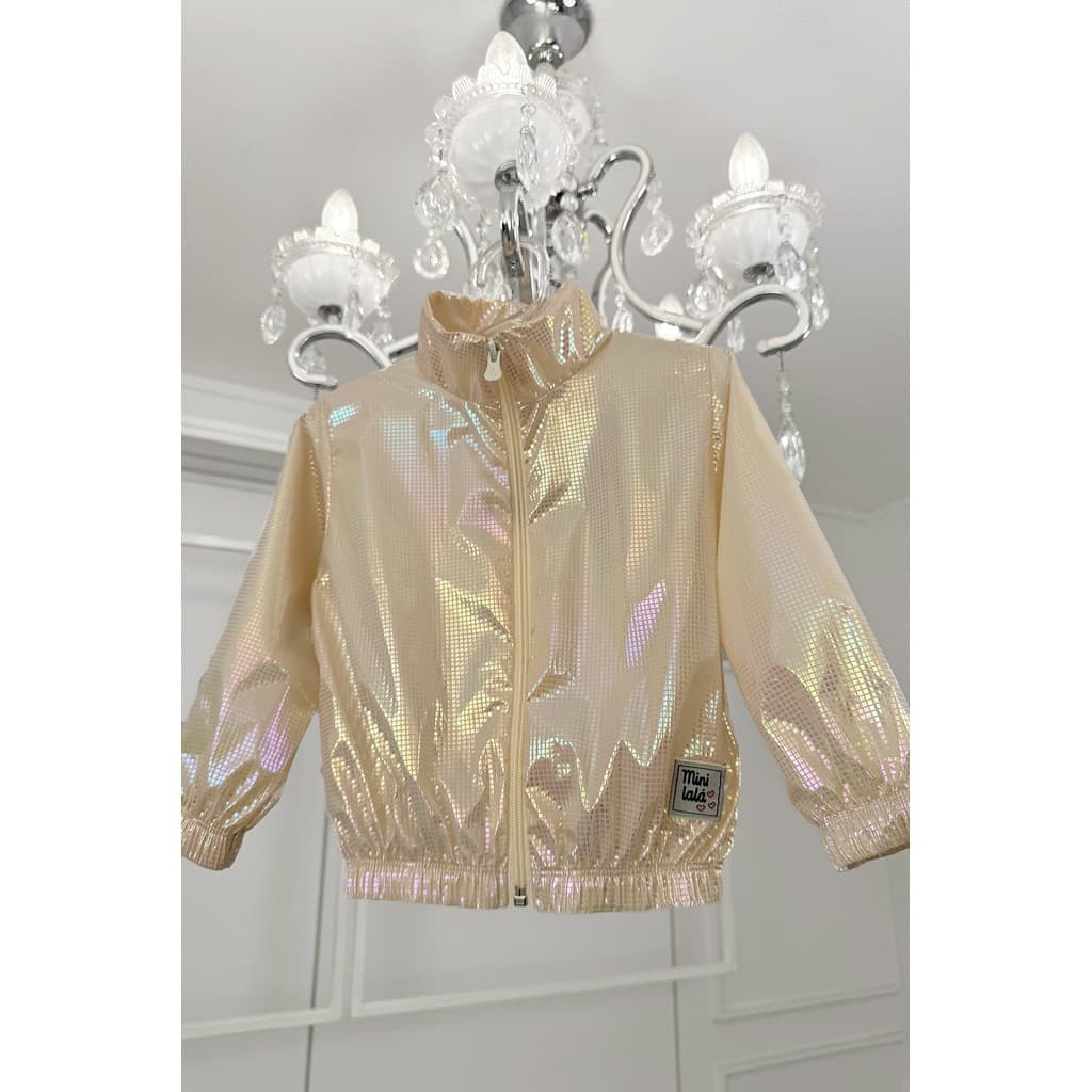 Jaqueta corta vento menina infantil bege holográfica manga comprida zíper casaco nude arco-íris menina