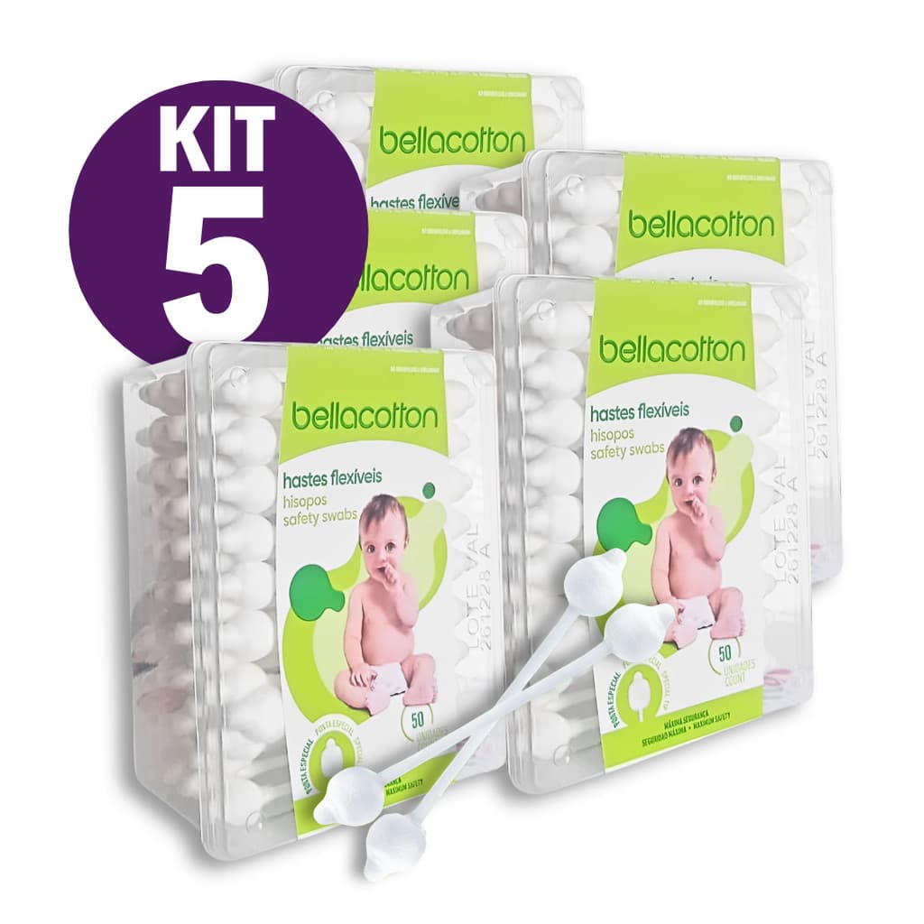 Haste Flexível Cotonete Bebe Bastonetes Bellacotton 5 Caixa Total 250 unidades
