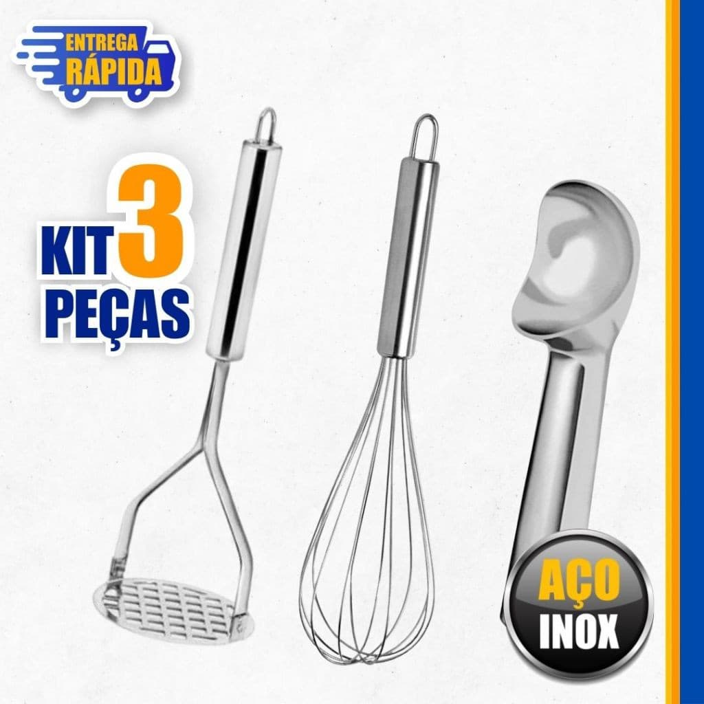 KIT Utensílios de cozinha Amassador de Batatas, Batedor de Ovo Fouet Fue 30cm, Pegador de Sorvete