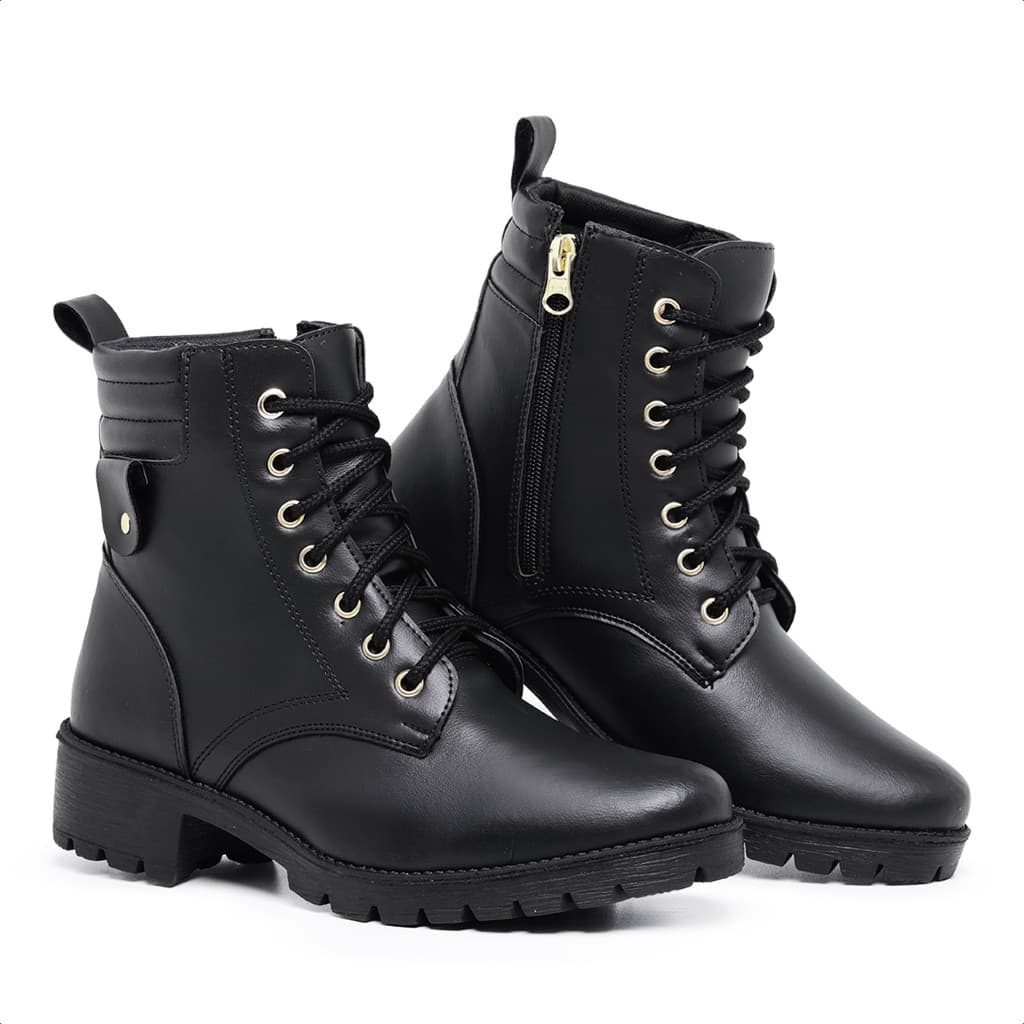 Bota Casual Botinha Feminina Coturno Cano Curto Salto Zíper Moderno Preto Confortável