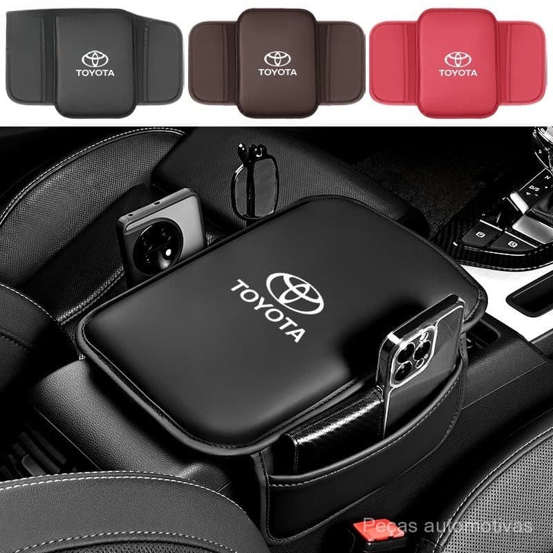 Almofada de Apoio de Braço de Couro para Carro Toyota com Bolsa Organizadora para Corolla Cross Hilux RAV4 Yaris Hatch E