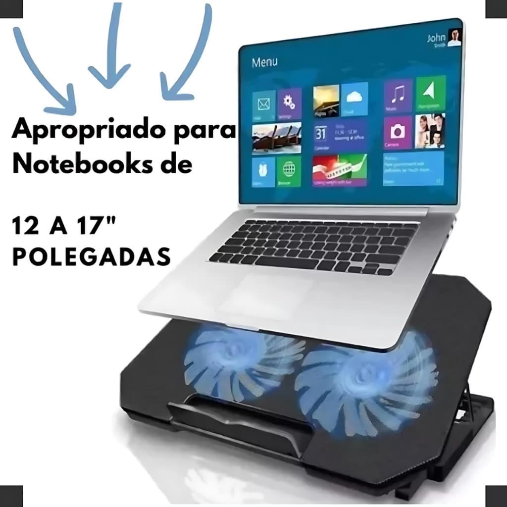 Suporte Base Refrigerada 2 Coolers Ventoinhas Resfriar Notebook Ventilação Silenciosa Ajustável Até 17 Pol Usb Cor Preto
