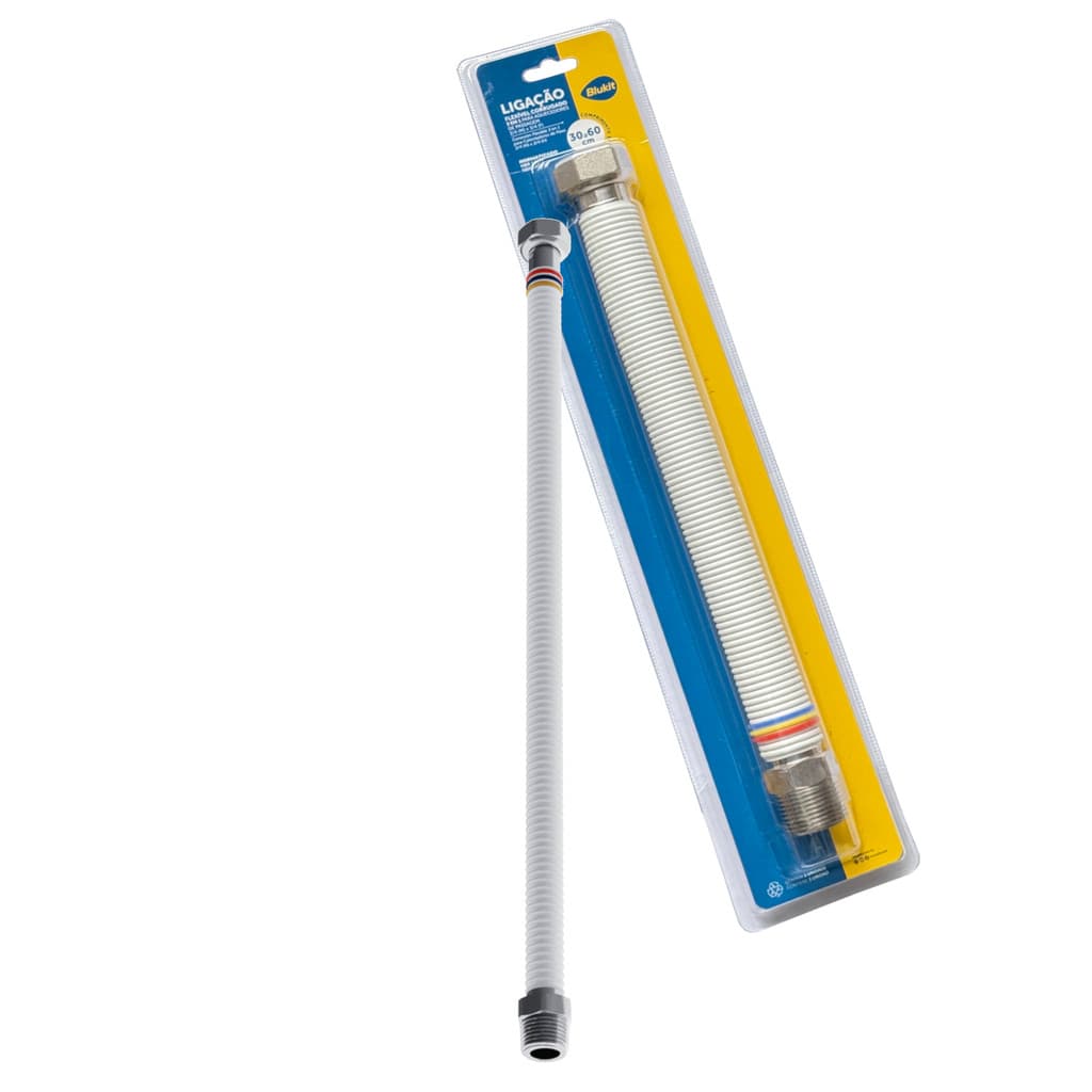 Flexível Aço Inox 3 em 1 Blukit p/ Aquecedor de Passagem 30 a 60cm Rosca M 3/4" x F 3/4" - 182427