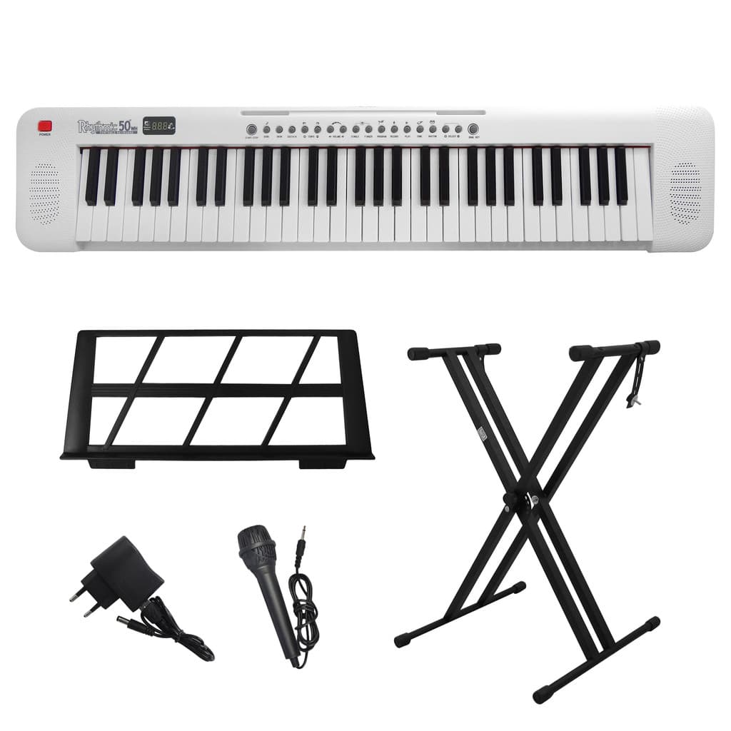Kit Teclado Musical Portátil 61 Teclas Rhythmic 50WH Branco com Suporte em X
