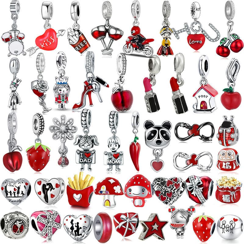 Berloques de Prata 925 Pulseira De Prata Jóias Série Vermelha Charme Colar De Morango Joaninha Pingente Faça Você Mesmo