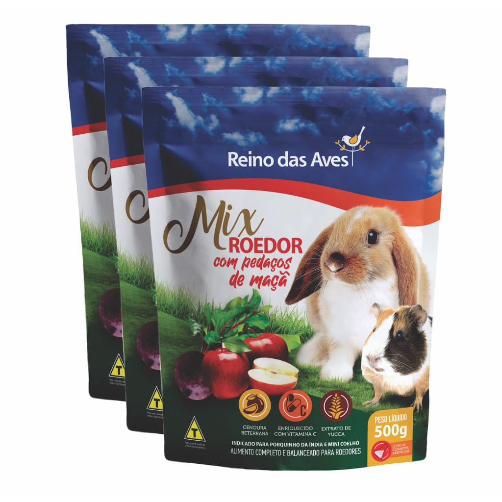 KIT COM 3 UN PORQUINHO DA ÍNDIA E MINI COELHO MIX ROEDOR 500G - REINO DAS AVES