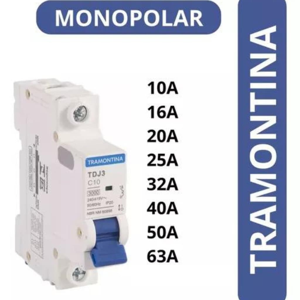 Disjuntor Unipolar mono  10A, 16A, 20A, 25A, 32A, 40A, 50A, 63A, 70A