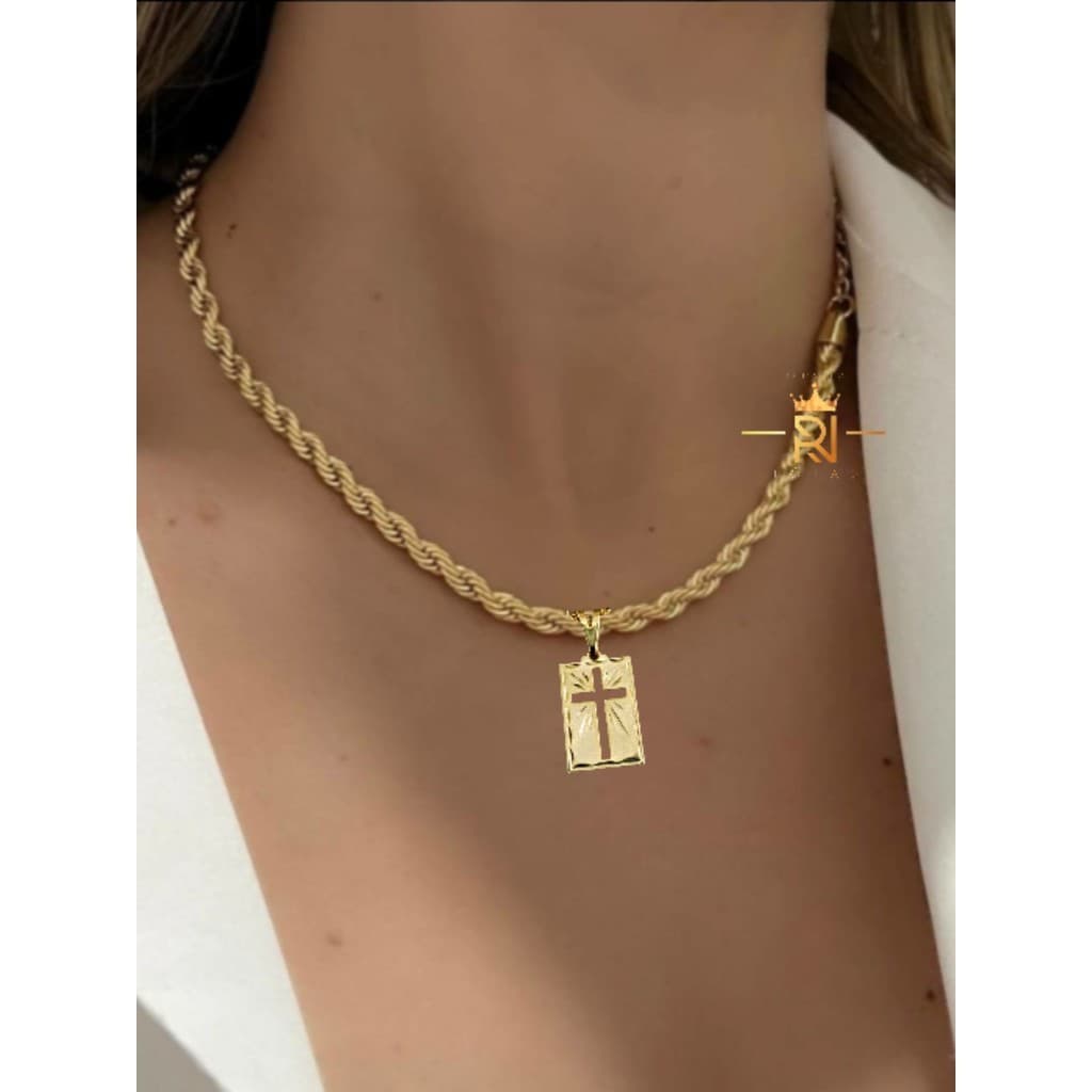 Colar Feminino Cordão Baiano Banhado Dourado C/Pingente Cruz Plaquinha Aço Inox Antialérgico 003