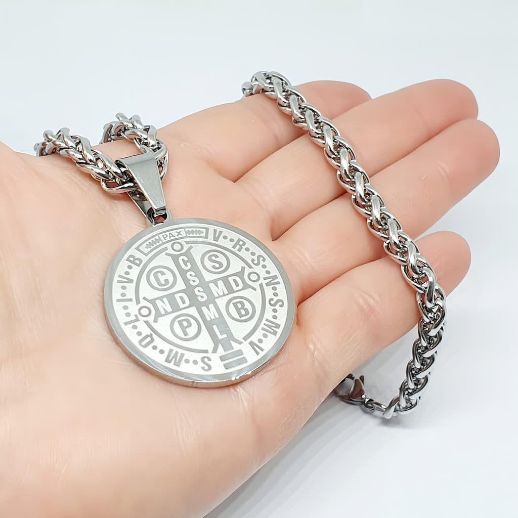 Corrente Cordão Palmier Aço Cirurgico + Pingente São Bento Cor Prateado