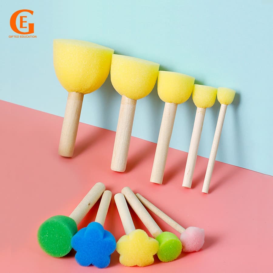 10Pcs/Set Pincéis De Esponja Cabo De Madeira Forma Redonda Padrão De Flor Selo Ferramenta De Pintura De Arte Para Crianças Estudantes