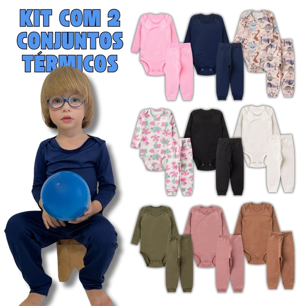 Kit 4 Peças Conjunto Térmico 2 Bodys + 2 Calças Infantil para Bebe Menino e Menina Peluciado Inverno