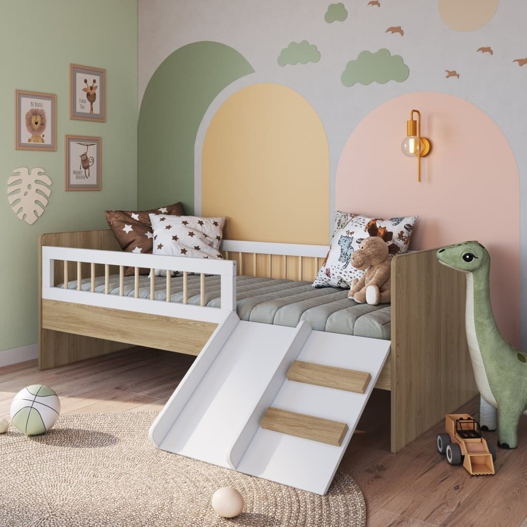 Cama Montessoriana de Solteiro com Escada e Escorrega Affetto Oak/Branco
